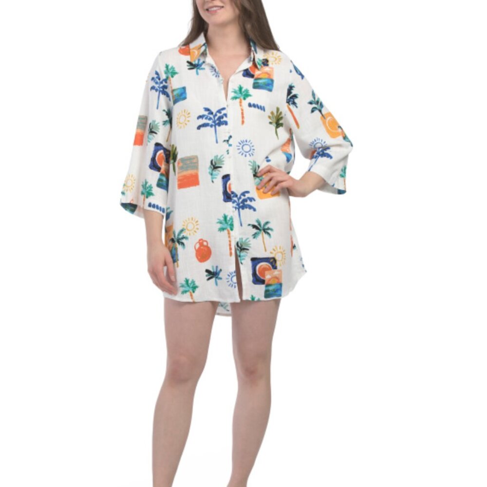 NWT Label of Love Linen Blend Tropical Print Mini Shirt Cover up Dress